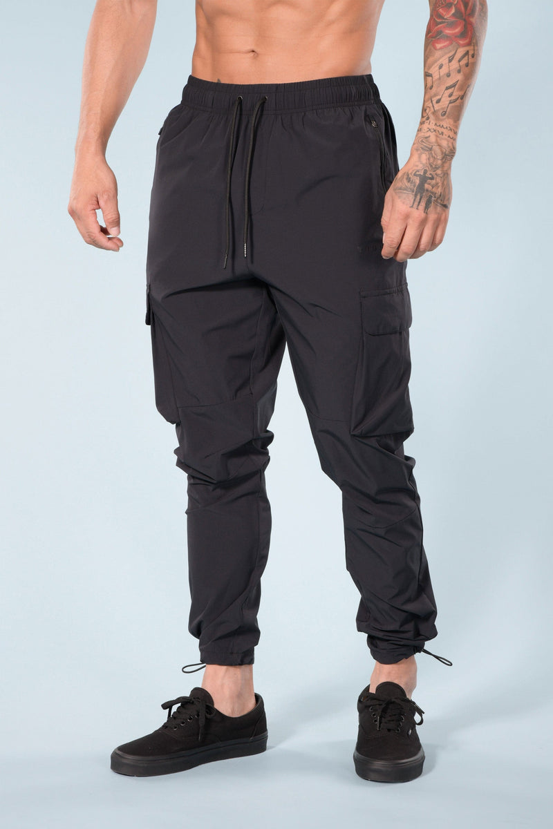 Trendy Plain Black Cargo Pants, Men's Multi Flap Pocket Trousers